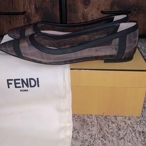 FENDI Colibri Logo Pointed Mesh Leather Trimmed Flats
